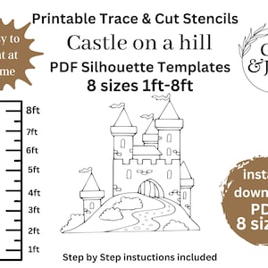 1ft to 8ft Castle on a hill silhouette templates bundle, woodworking pattern ,pdf printable digital stencil set , princess party yard art