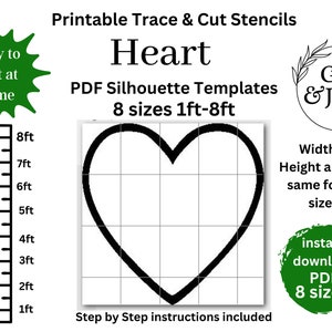 Könnte beinhalten: Druckbare Herz-Schablonen in 8 Größen, von 30 cm bis 2,40 Meter. Die Schablonen sind schwarzweiß und werden auf einem Raster angezeigt. Das Bild enthält den Text "Druckbare Schablonen zum Nachzeichnen und Ausschneiden", "Herz", "PDF-Silhouettenvorlagen", "8 Größen 30 cm-2,40 m", "Breite und Höhe sind für alle Größen gleich", "Sofortiger Download PDF 8 Größen", und "Schritt-für-Schritt-Anleitungen enthalten".
