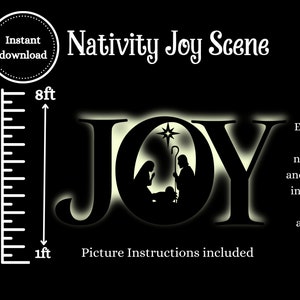 Op de afbeelding: Een zwart-witte printbare kerststal met het woord "JOY" in grote letters. De scène bevat het kindje Jezus, Maria, Jozef, een ster en een herdersstaf. De scène is 8 voet hoog en bevat beeldinstructies.