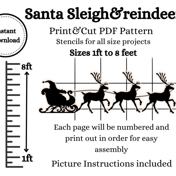 1ft to 8ft Santa sleigh and reindeer silhouette template. PDF digital stencil, woodcutting plans ,print ad cut, yard art , lawn decorations