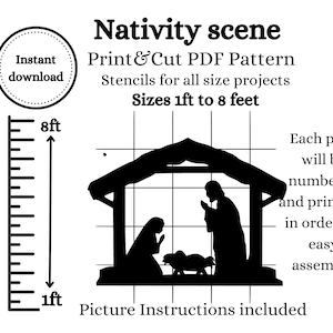 Peut inclure: Patron de pochoir de scène de la Nativité en noir et blanc. Comprend un téléchargement instantané, un patron PDF à imprimer et à découper, et des pochoirs pour tous les projets de 30 cm à 244 cm. Instructions incluses.