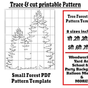 May include: A black and white printable pattern of two pine trees on a grid background. The pattern is available in eight sizes, from 1 foot to 8 feet. The text "Tree Forest PDF Pattern Template" and "Small Forest PDF Pattern Template" is included in the image.