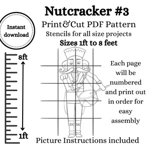 Puede incluir: Un dibujo en blanco y negro de un Cascanueces sosteniendo un tambor. La imagen está dividida en una cuadrícula con medidas en pies, mostrando el tamaño del patrón imprimible. El texto "Nutcracker #3 Print & Cut PDF Pattern Stencils for all size projects Sizes 1ft to 8 feet" está incluido en la imagen. Cada página estará numerada e impresa en orden para un fácil montaje. Instrucciones de montaje incluidas.