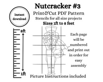 May include: A black and white line drawing of a Nutcracker holding a drum. The image is divided into a grid with measurements in feet, showing the size of the printable pattern. The text "Nutcracker #3 Print & Cut PDF Pattern Stencils for all size projects Sizes 1ft to 8 feet" is included in the image. Each page will be numbered and print out in order for easy assembly. Picture Instructions included.
