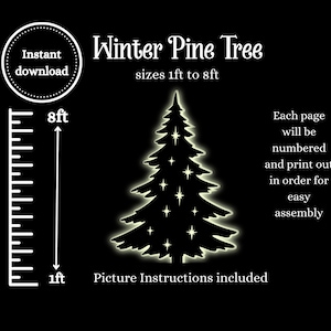 Puede incluir: Silueta en blanco y negro de un pino con estrellas, que muestra diferentes tamaños de 1 pie a 8 pies. Se incluyen instrucciones de montaje. Cada página está numerada para facilitar el montaje.