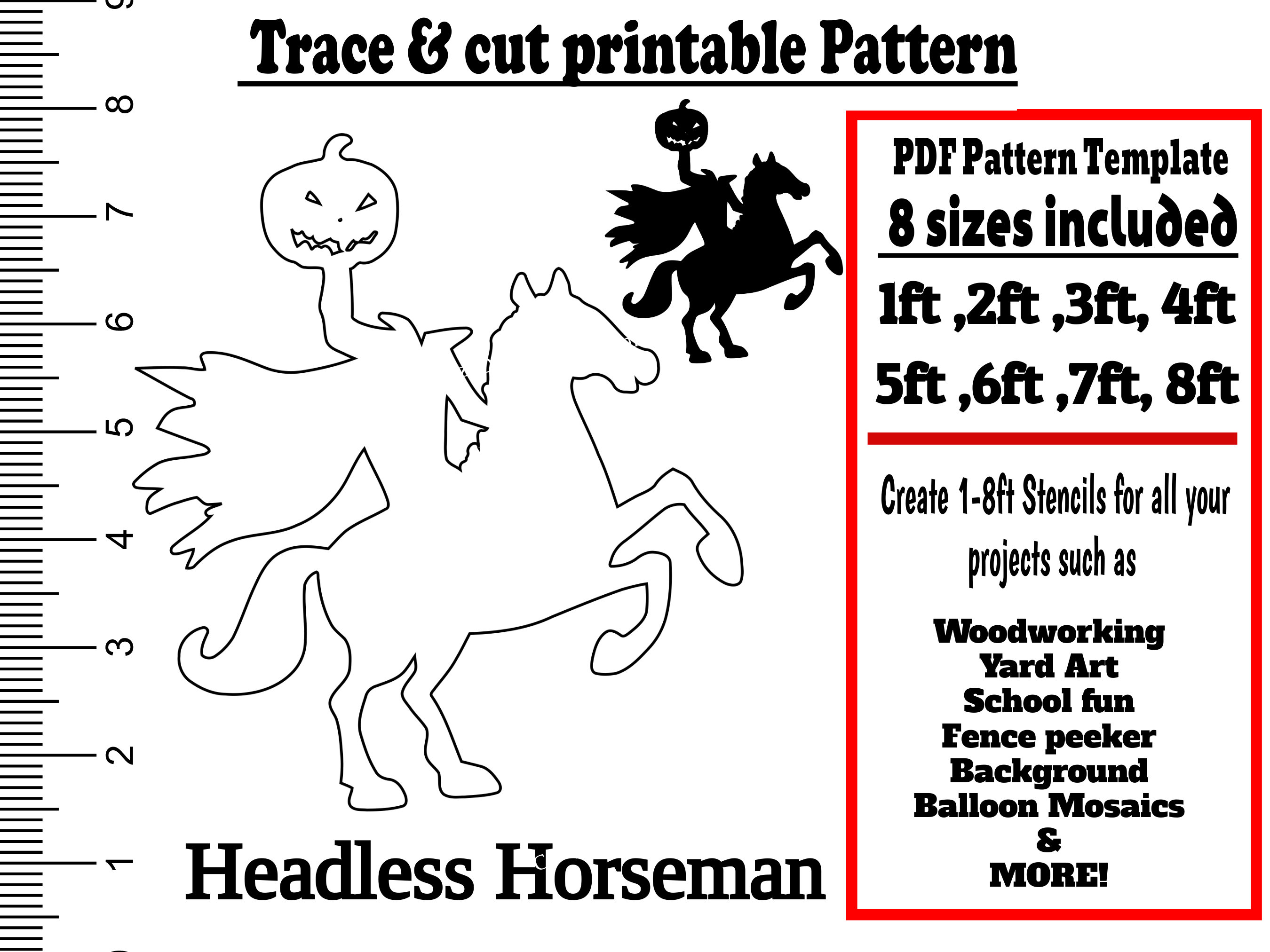 1-8 ft headless horsman template, horse template, woodcutting template halloween stencil balloon mosaic tree topper yard art , pdf stencil