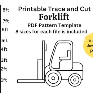 Könnte beinhalten: Druckbare Vorlage zum Nachzeichnen und Ausschneiden eines Gabelstaplers als PDF-Muster. Die Vorlage enthält 8 Größen für jede Datei und ist zum sofortigen Download verfügbar.