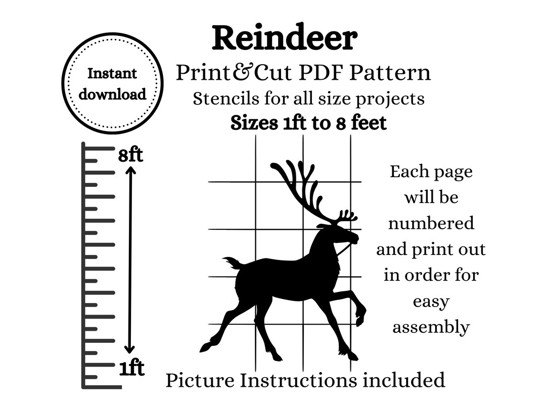 1ft to 8ft Life Size Reindeer for Santa Sleigh Silhouette Template. PDF ...