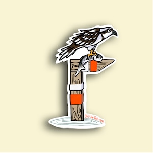 May include: A brown and white bird with a fish in its talons perched on a wooden post with a red and white band. The post is in the water and the text "OFF the GRID - JAW" is below the post.
