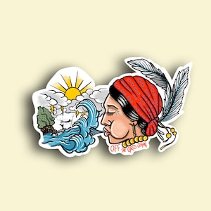 May include: A sticker featuring a woman with a red bandana and a feather, blowing wind towards a stormy sea with a ship and lightning. The text "OFF THE GRID JOHN" is below the woman.