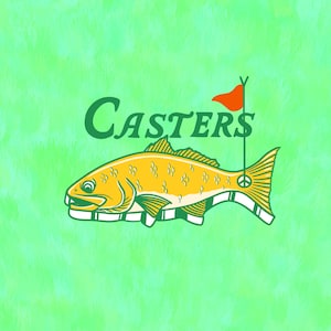 May include: A green and yellow fish with a red flag on a stick sticking out of its back. The text "CASTERS" is above the fish.