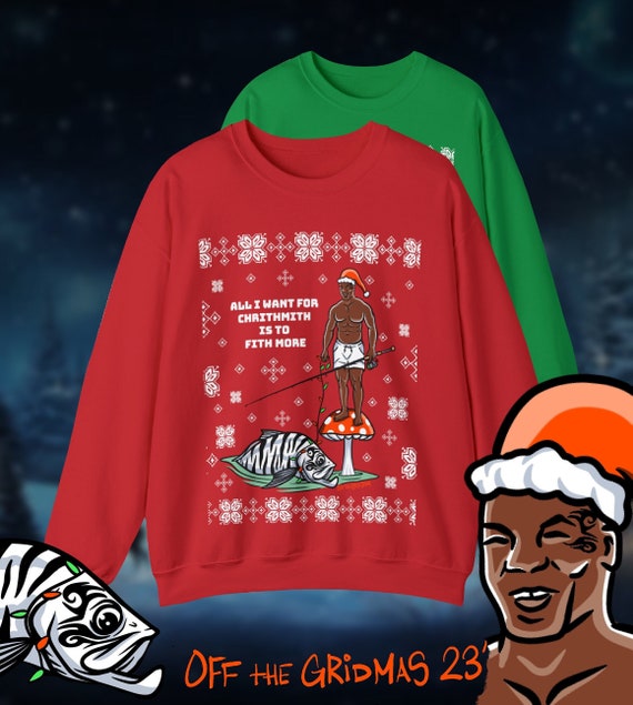 Off the gridmas Christmas mike Tyson fishing ugly sweater fly fishing  apparel Off the grid John