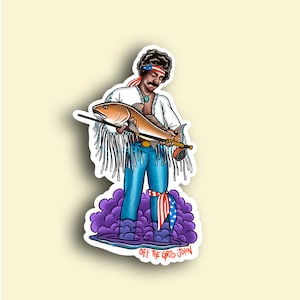 May include: A sticker featuring a cartoon illustration of a person wearing a blue shirt, blue jeans, and a red, white, and blue bandana holding a red fish. The person is standing in purple water with the text "OFF THE GRID JOHN" at the bottom.