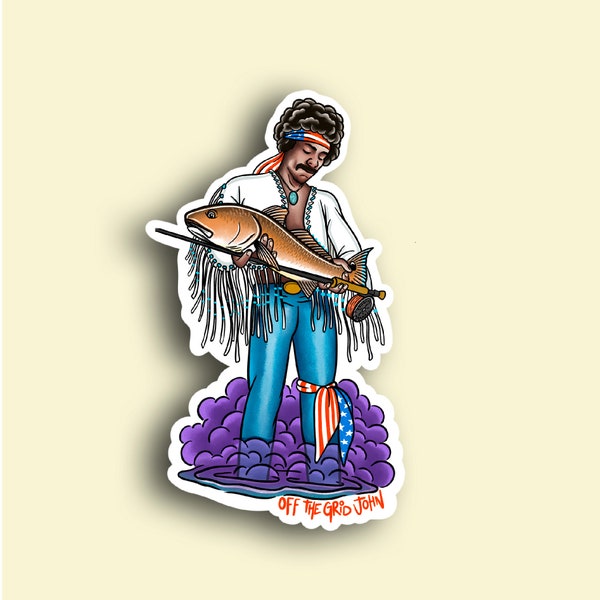 Off the Grid John Redfish Jimi Hendrix fishing fly fishing sticker gifts for fisherman outdoors nature