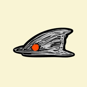 May include: A black and gray hat with a red circle on the side. The hat has a pointed top and a wide brim.