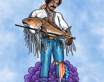 Off the Grid John Redfish Jimi Hendrix Fishing Fly Fishing Sticker