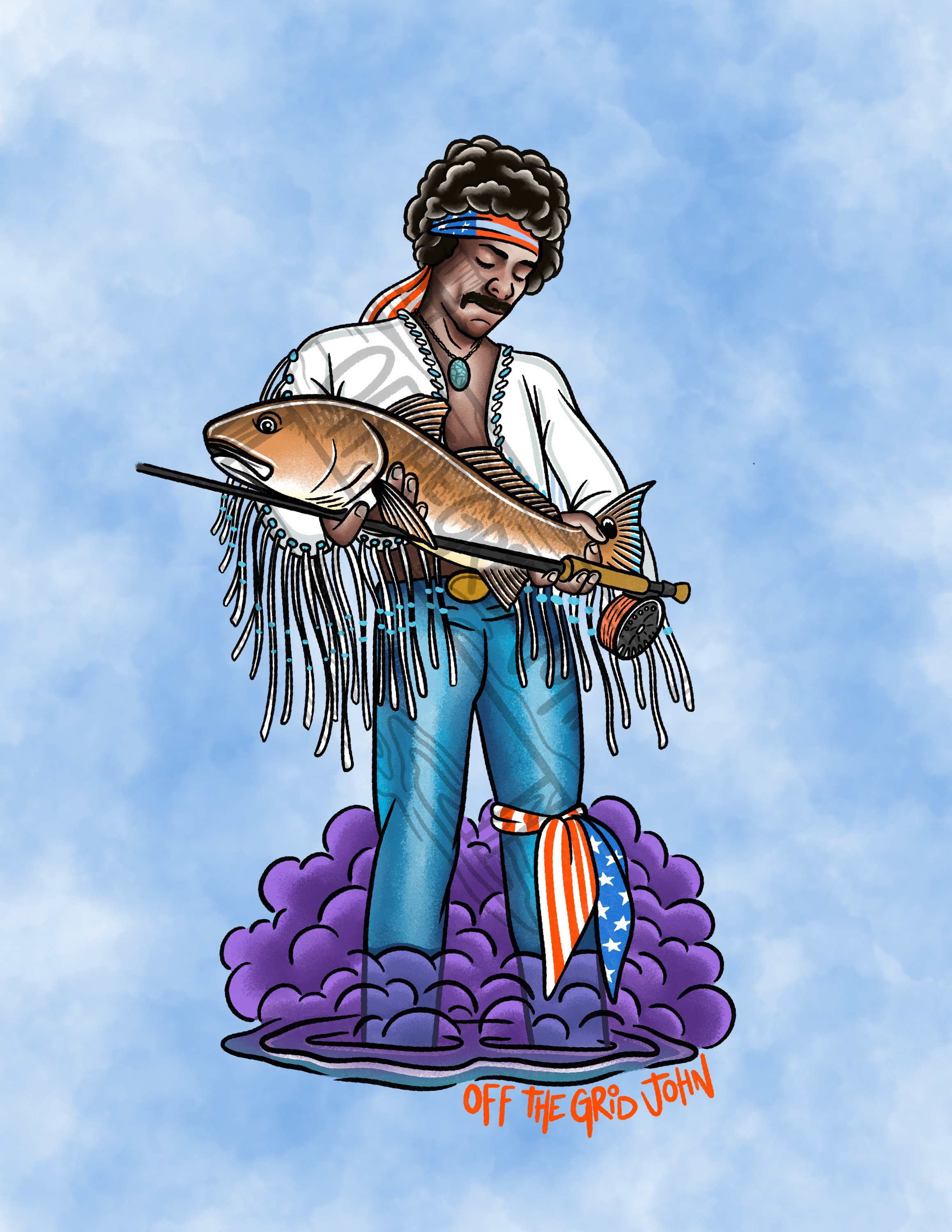 Off the Grid John Redfish Jimi Hendrix Fishing Fly Fishing Sticker Gifts  for Fisherman Outdoors Nature 