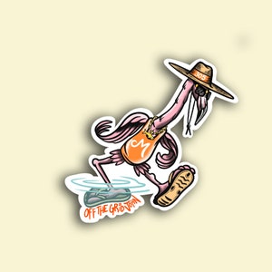 May include: A pink flamingo wearing a straw hat with the number 305 on it, an orange vest with a letter M, and a gold chain. The flamingo is walking on water with one foot in a blue flip-flop and the other foot in a brown flip-flop. The text "Off the Grid John" is written on the blue flip-flop.