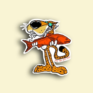 May include: A cartoon cheetah wearing sunglasses holds a red fish in its paws. The cheetah has orange and black spots and the text "OFF THE GRID JOHN" is below it.
