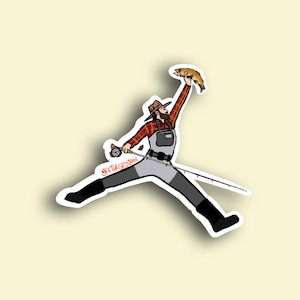 May include: A cartoon illustration of a person wearing a plaid shirt, a hat, and fishing waders, jumping in the air while holding a fish and a fishing rod. The text "OFF THE GRID OUTFITTERS" is on the rod.