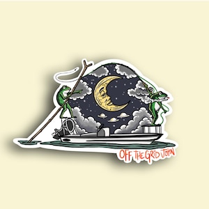 May include: A sticker featuring a cartoon illustration of two frogs fishing on a boat with a crescent moon and stars in the background. The text "OFF THE GRID JOHN" is printed below the boat.
