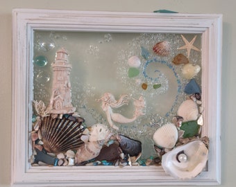 8x10 Lighthouse w/ Mermaid sea glass art frame