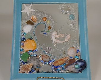 8x10 Whimsical Mermaid in Wave Sea glass Art Frame