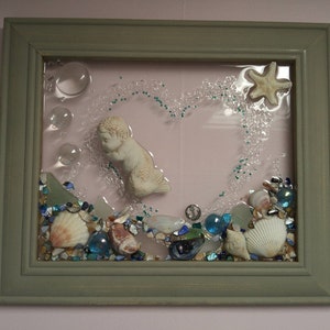 8 x 10 Merbaby in Shell or Heart Sea Glass Art Frame. Heart