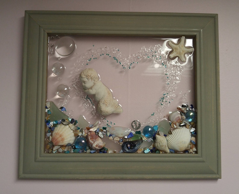 8 x 10 Merbaby in Shell or Heart Sea Glass Art Frame. Heart