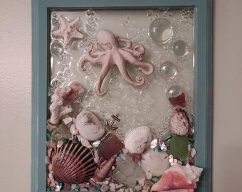 8x10 Octopus Sea Glass Art Frame. If you love the mysteries in the depth of the sea, you will love this Octopus frame.