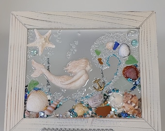 8x10 Mermaid Swimming with Wave sea Glass Art frame