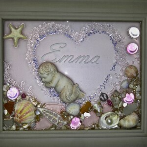 8 x 10 Merbaby in Shell or Heart Sea Glass Art Frame. Heart with Name