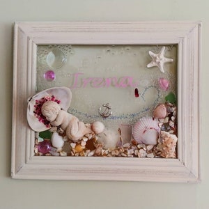 8 x 10 Merbaby in Shell or Heart Sea Glass Art Frame. Shell with Name