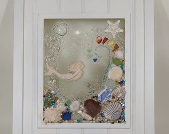 11 x 14 Mermaid Swimming with Wave Sea glass Art Frame