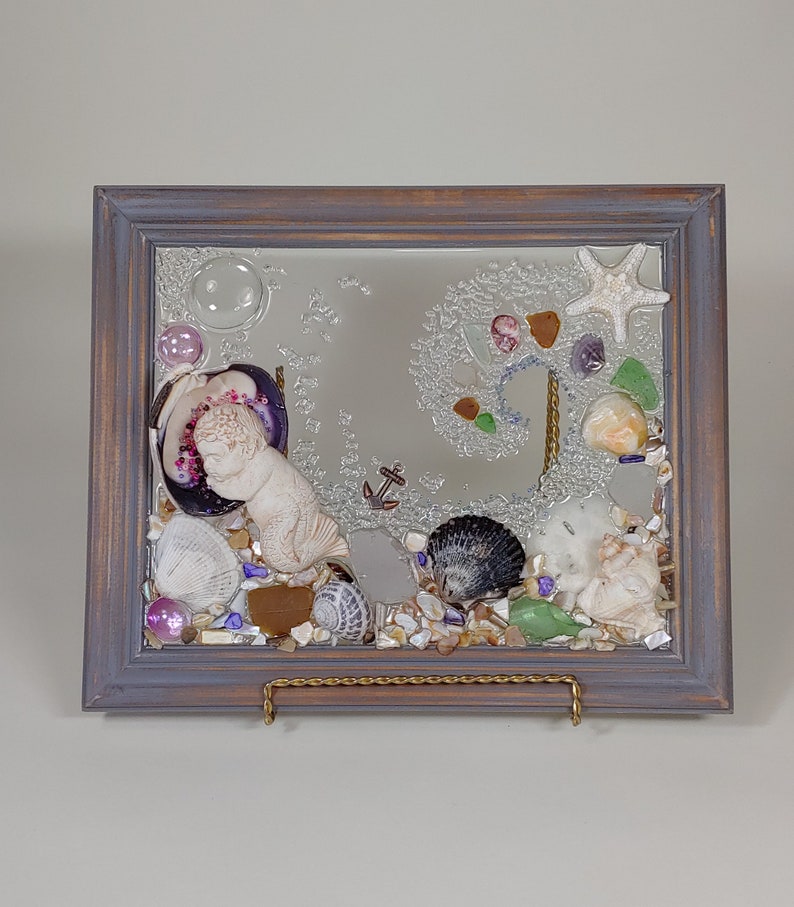 8 x 10 Merbaby in Shell or Heart Sea Glass Art Frame. image 4