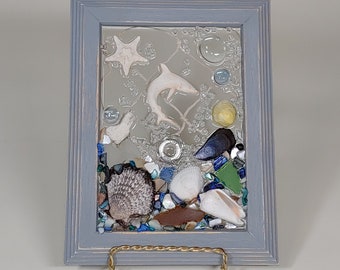 5x7 Shark Swimming in Wave Sea Glass Art Frame