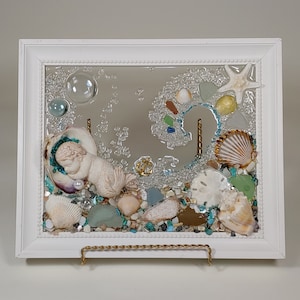 8 x 10 Merbaby in Shell or Heart Sea Glass Art Frame. Shell