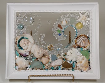 8 x 10 Merbaby in Shell or Heart Sea Glass Art Frame.
