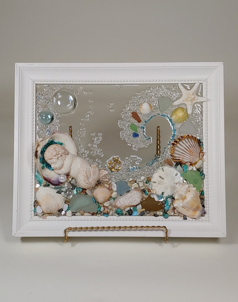 8 x 10 Merbaby in Shell or Heart Sea Glass Art Frame. Shell