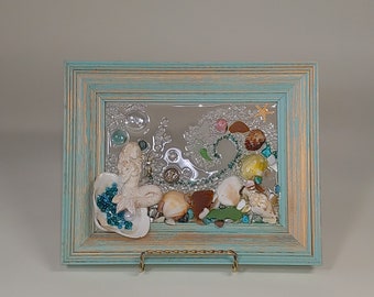 5 x 7 Mermaid Girl Sitting in Shell Sea Glass Art Frame