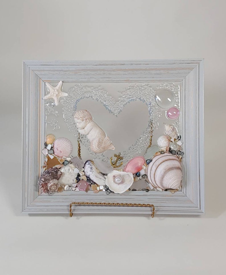 8 x 10 Merbaby in Shell or Heart Sea Glass Art Frame. image 2