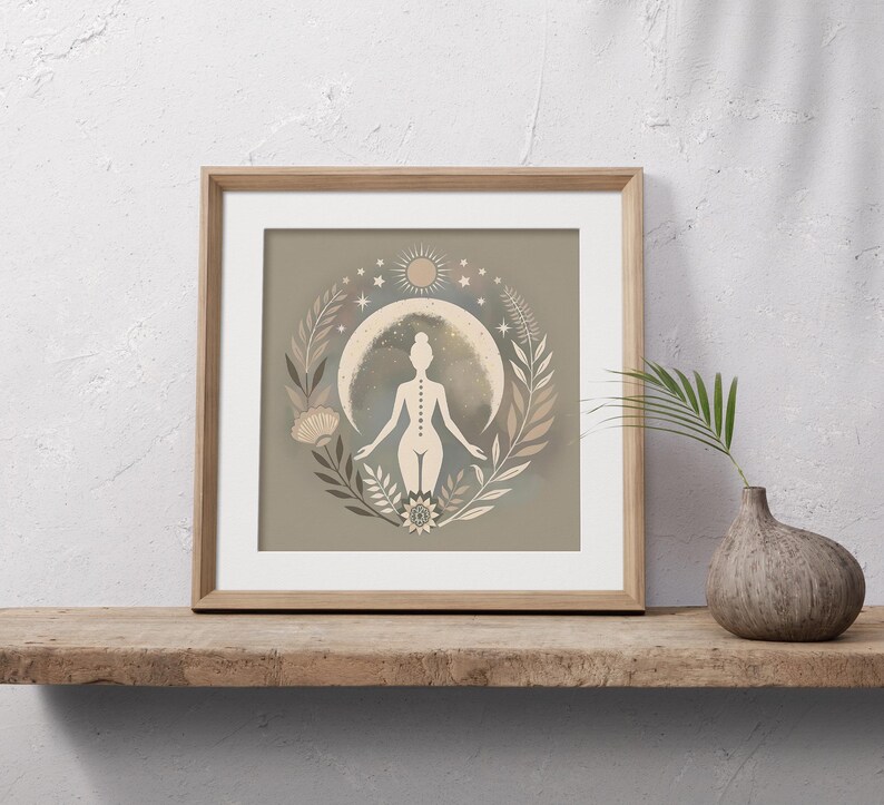 Moon Goddess Art Print: Floral Boho Meditation Print, Neutral Yoga Decor, Sacred Feminine Artwork, Self-Care Decor, Gift for Her imagem 6