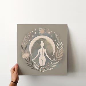 Moon Goddess Art Print: Floral Boho Meditation Print, Neutral Yoga Decor, Sacred Feminine Artwork, Self-Care Decor, Gift for Her imagem 3