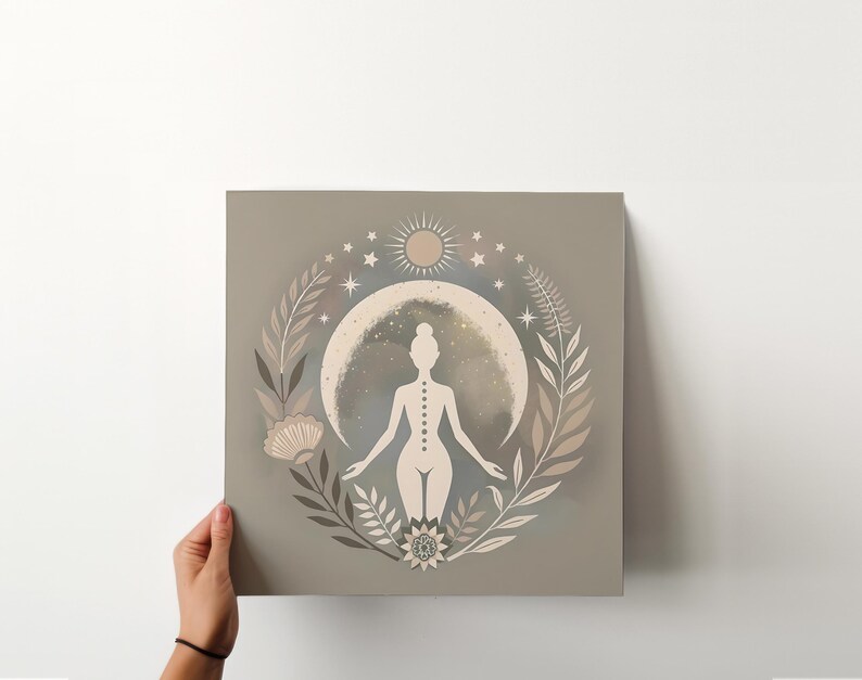 Moon Goddess Art Print: Floral Boho Meditation Print, Neutral Yoga Decor, Sacred Feminine Artwork, Self-Care Decor, Gift for Her imagem 3