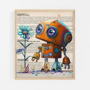 Lámina artística de robot bronce: Arte de página de libro con robot pintado a mano, impresión de pintura al óleo original, regalo para amantes de los libros. imagen 1
