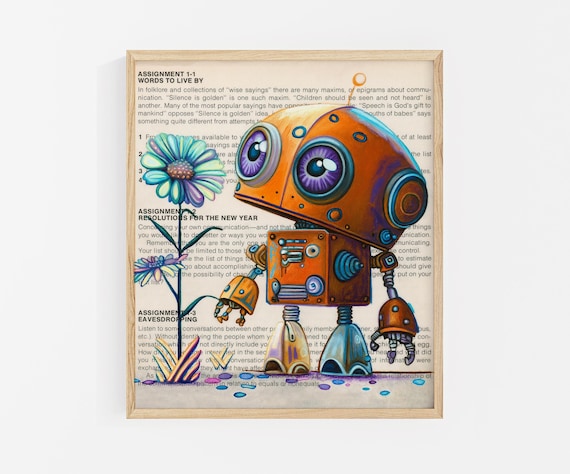 Robot Book Page Art Print: Original Oil Painting, Robot Art Print, Book Lover Gift