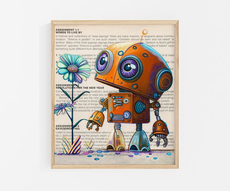 Lámina artística de robot bronce: Arte de página de libro con robot pintado a mano, impresión de pintura al óleo original, regalo para amantes de los libros. imagen 1