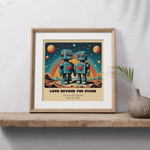Impresión artística personalizada de pareja de robots retro: arte robótico personalizado para un regalo único de aniversario o boda. imagen 9