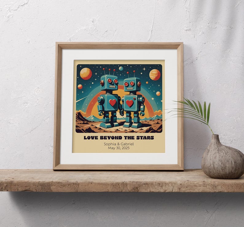 Impresión artística personalizada de pareja de robots retro: arte robótico personalizado para un regalo único de aniversario o boda. imagen 9