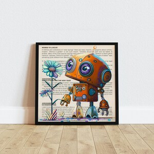 Puede incluir: Una ilustraci&oacute;n colorida de un robot con ojos grandes y expresivos, de pie junto a una flor. El robot est&aacute; hecho de metal y tiene un color naranja oxidado. El fondo es una p&aacute;gina de un libro con texto sobre palabras para vivir y resoluciones para el nuevo a&ntilde;o.